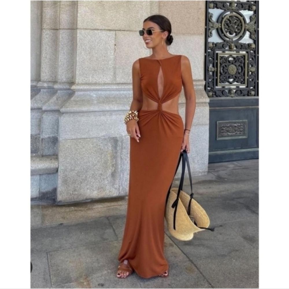 Zara Cut Out Maxi Dress Brown SizeM - Picture 2 of 13